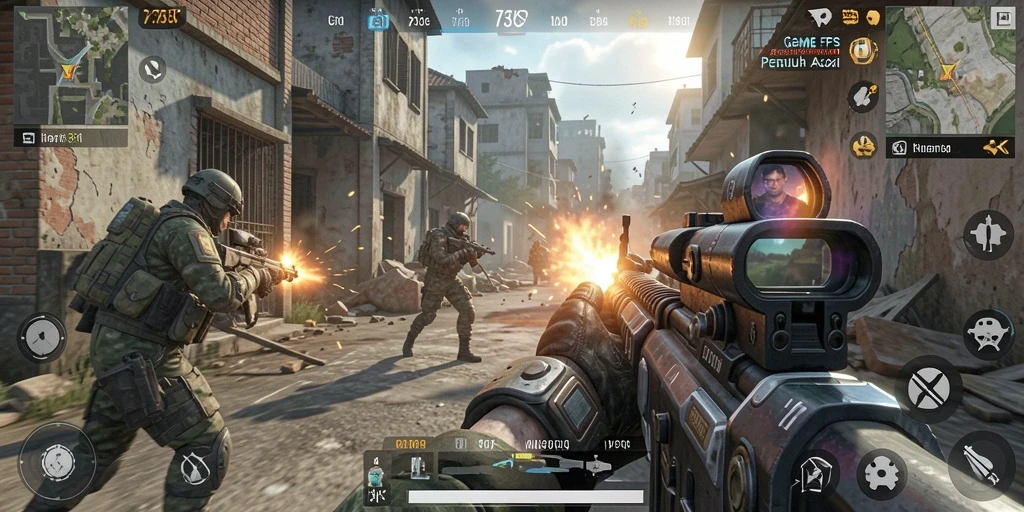 Tangkapan layar game FPS 73K saat aksi tempur intens.