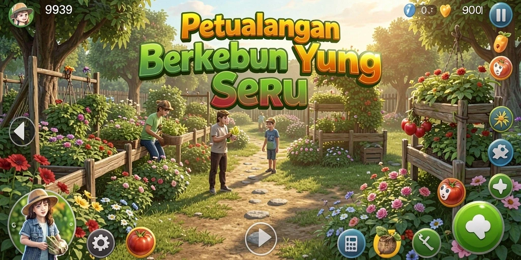Tampilan gameplay seru dari 9939 dengan kebun yang indah.