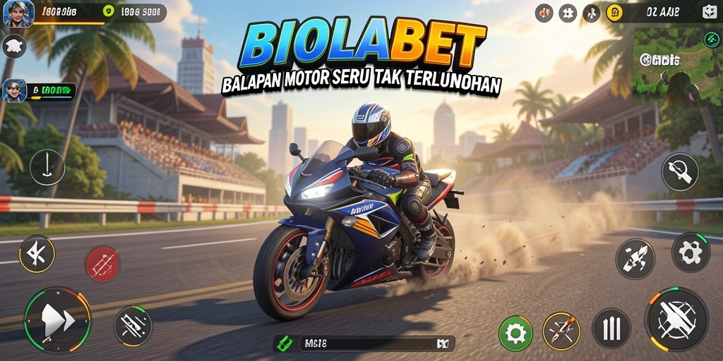 Tampilan gameplay seru di BIOLABET dengan balapan motor yang cepat.