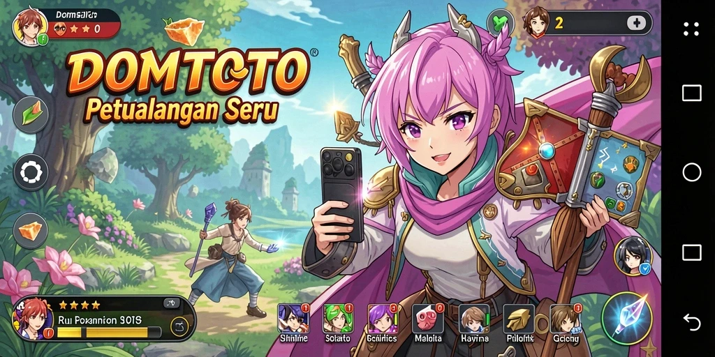 Screenshot gameplay DOMTOTO menampilkan aksi karakter anime yang dinamis.