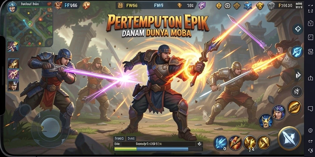 Tangkapan layar FW66 menunjukkan aksi pertempuran seru dalam arena MOBA.