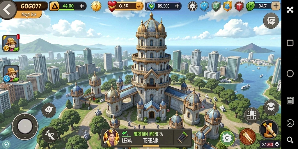 Tangkapan layar gameplay GOGO77 dengan menara pertahanan yang beraksi.