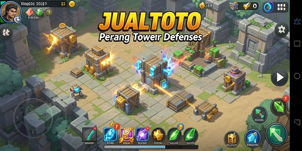 Tampilan permainan <strong>JUALTOTO</strong> saat melawan gelombang musuh dengan menara strategis.