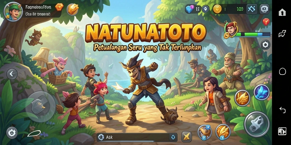 Screenshot gameplay NATUNATOTO menunjukkan dunia petualangan yang fantastis.
